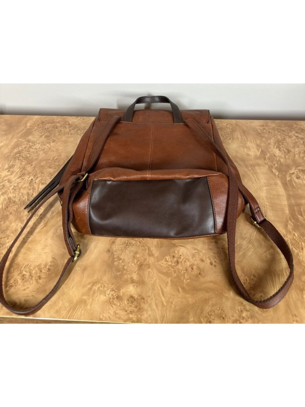 Fossil Cognac Brown Pebbled Leather Flap Backpack Purse Two Tone Travel Bag - Picture 4 of 8